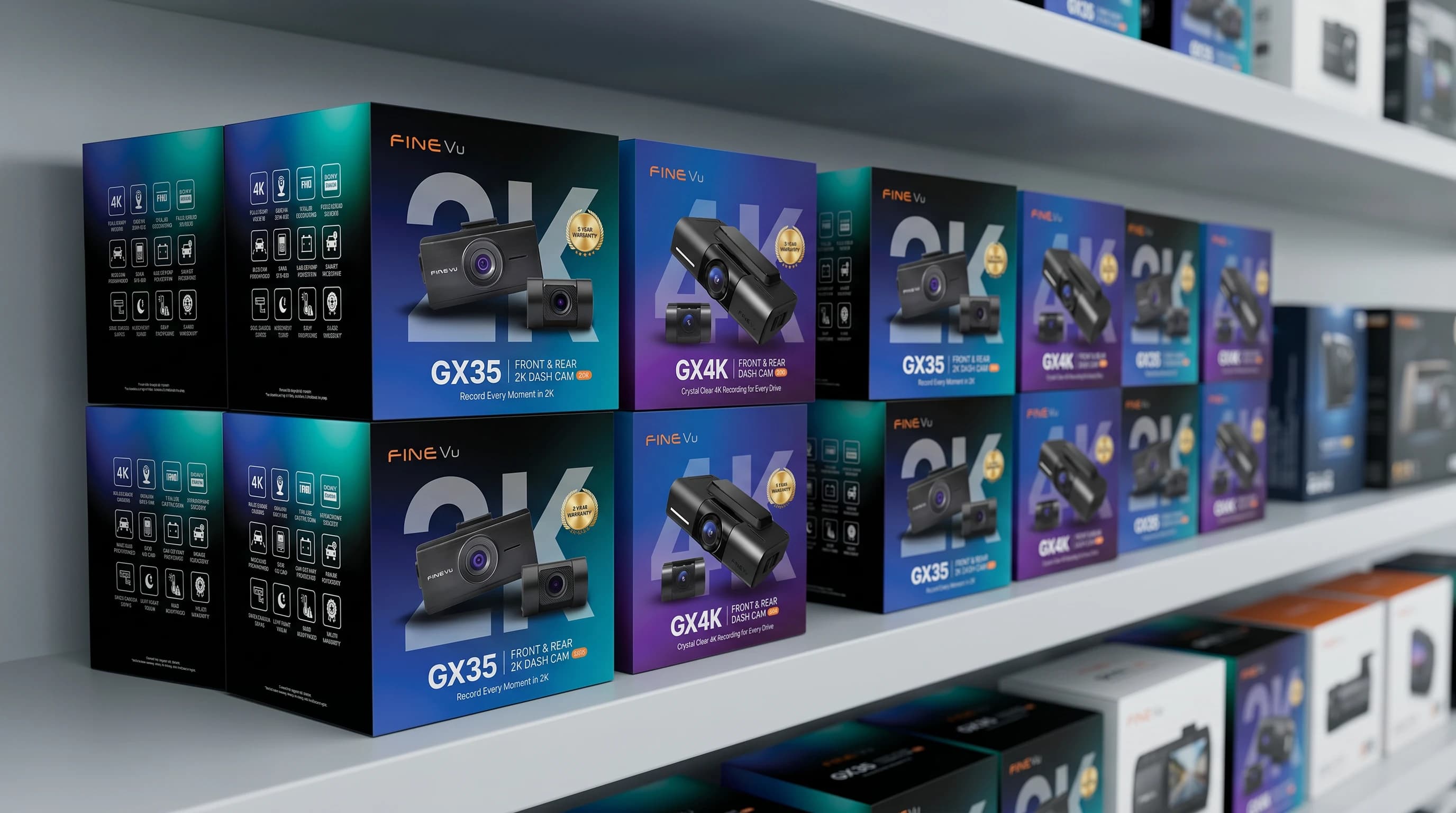 FineVu GX4K and GX35 boxes on an Australian retail shelf